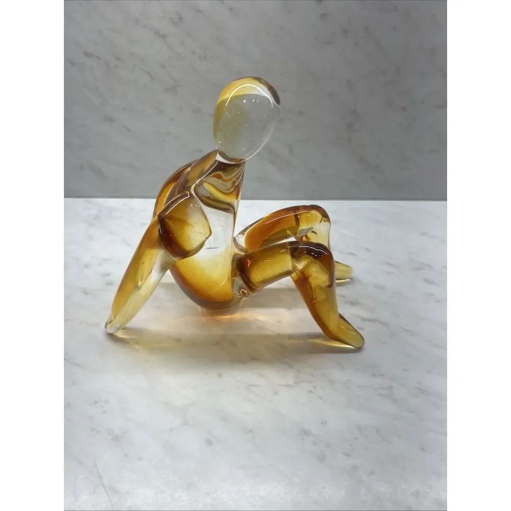 Vintage Hand Blown/Fairing Folk Art Person Sitting Unique Piece 6”x 6.5” Amber